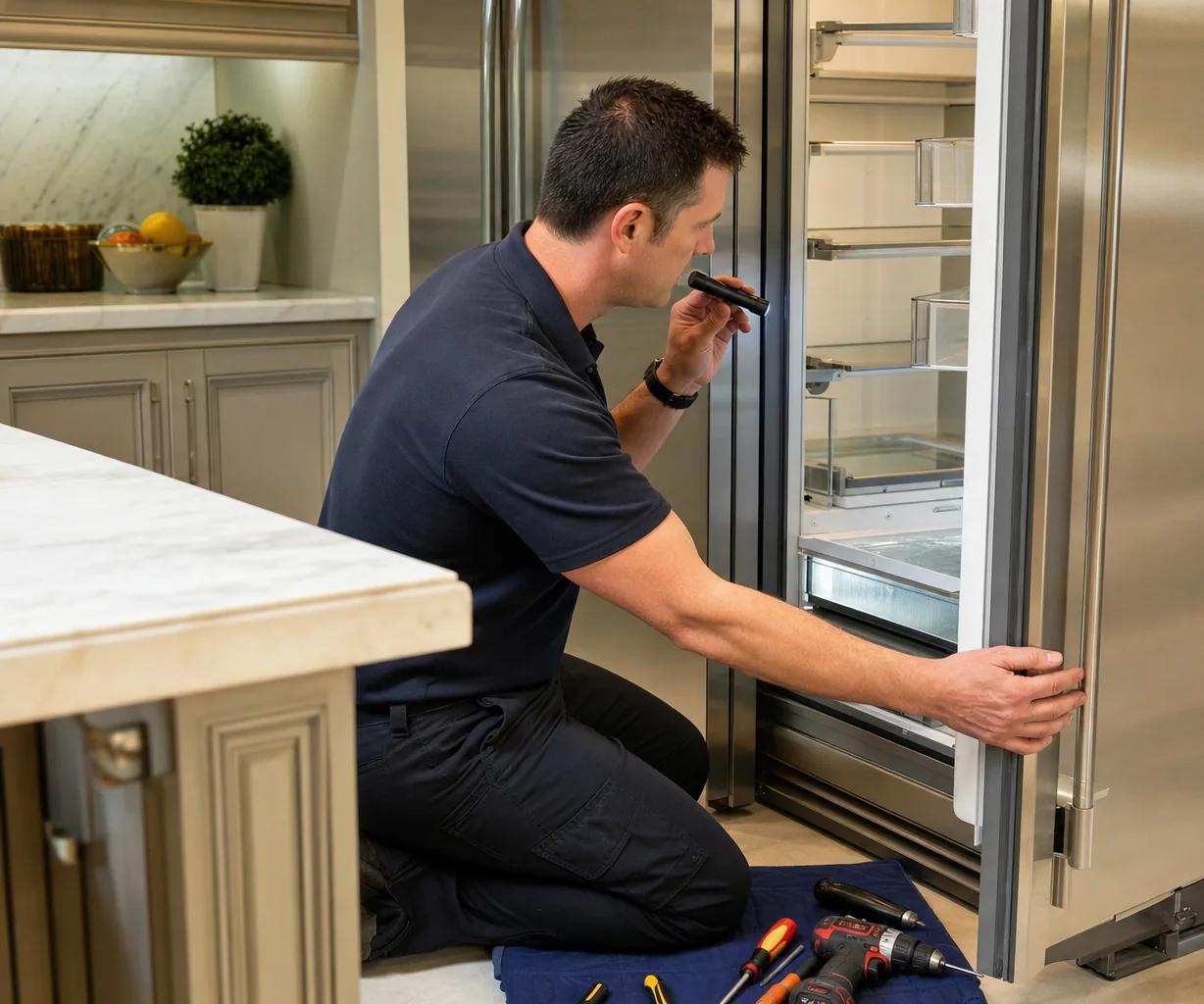 Technician repairing a built-in refrigerator up close