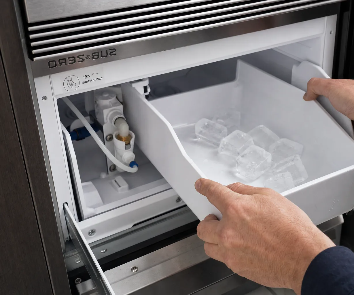 Technician servicing a built-in ice maker mid-repair