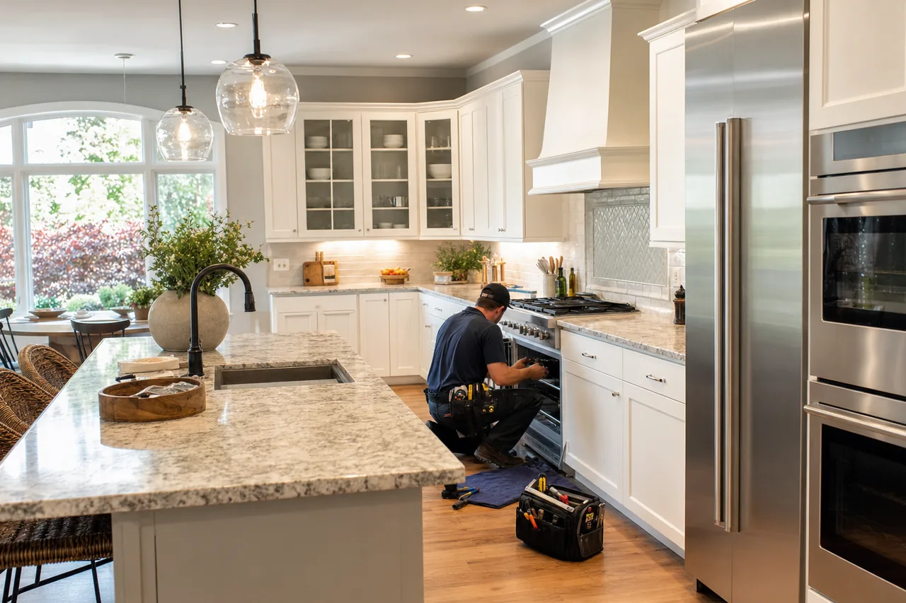 A luxury kitchen with built-in stainless appliances mid-repair