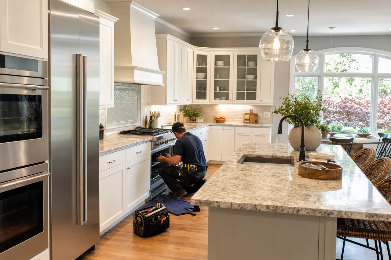 A luxury kitchen with built-in stainless appliances up close