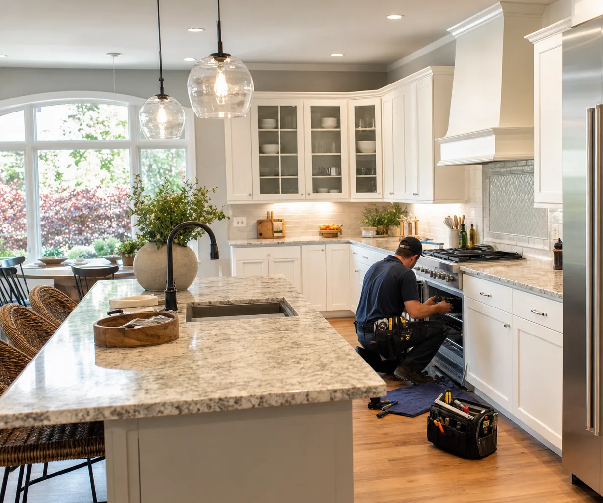 A luxury kitchen with built-in stainless appliances on a same-day visit