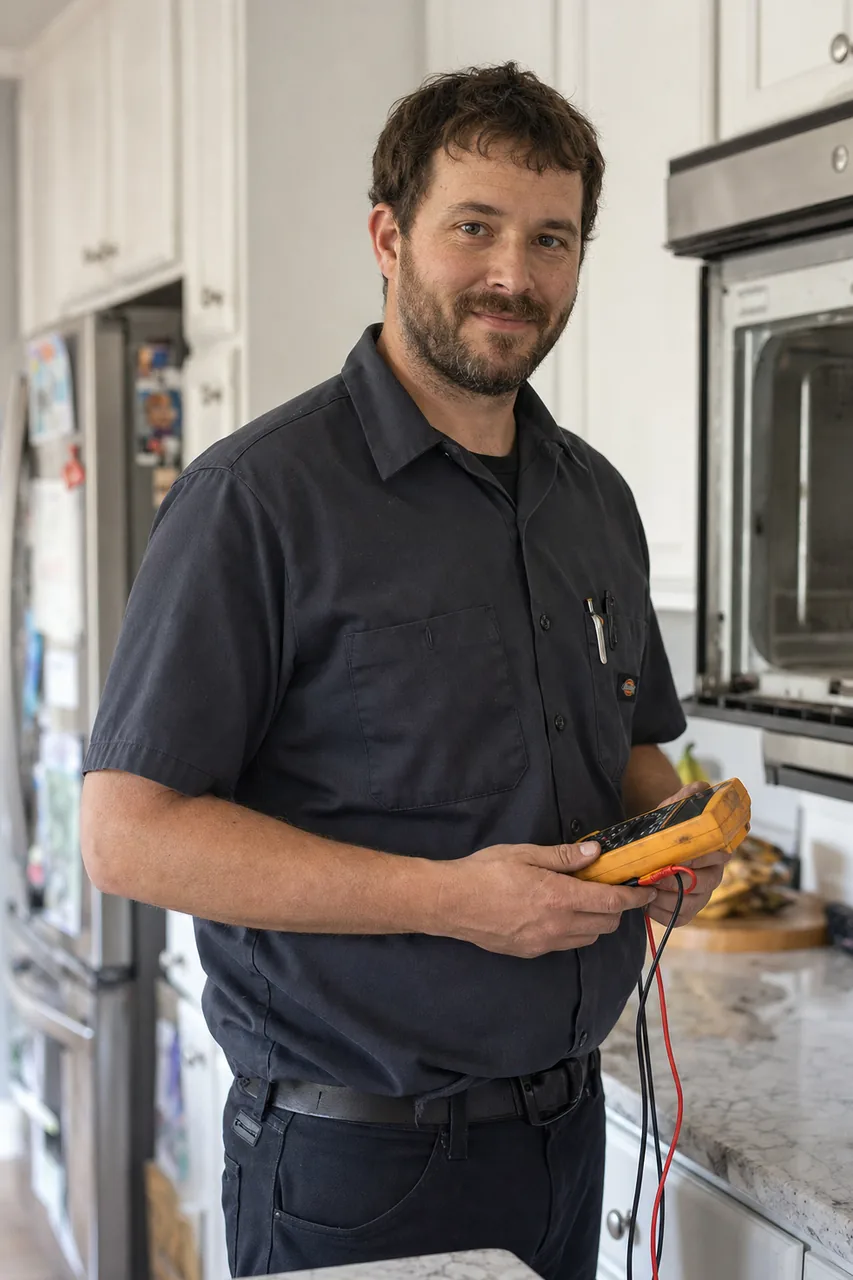 An appliance repair technician in an Irvington kitchen holding a multimeter