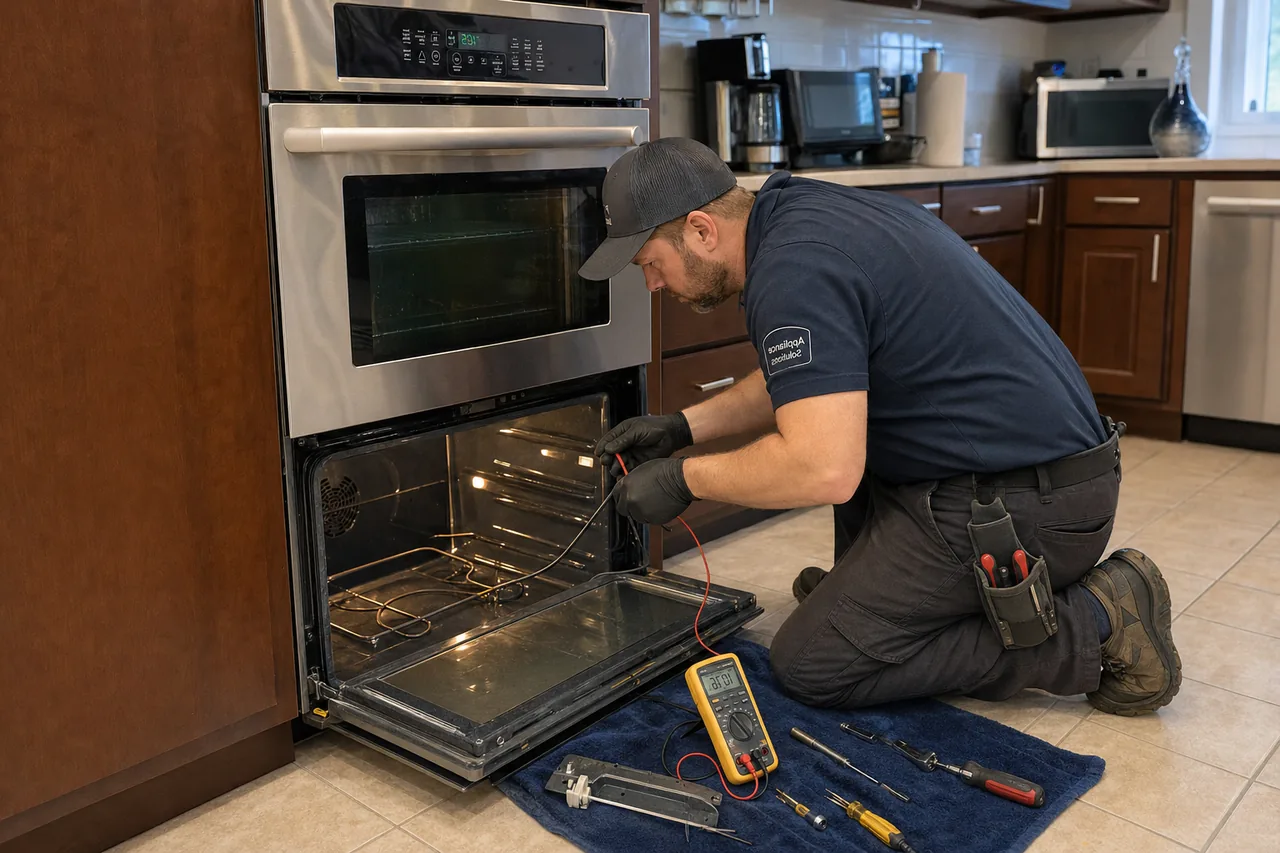 Technician servicing a built-in wall oven in an Irvington kitchen
