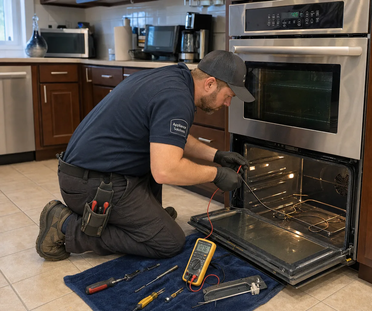 Technician servicing a built-in wall oven up close